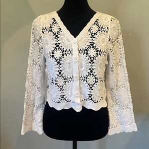 White Crochet Button-Up Cardigan cropped style